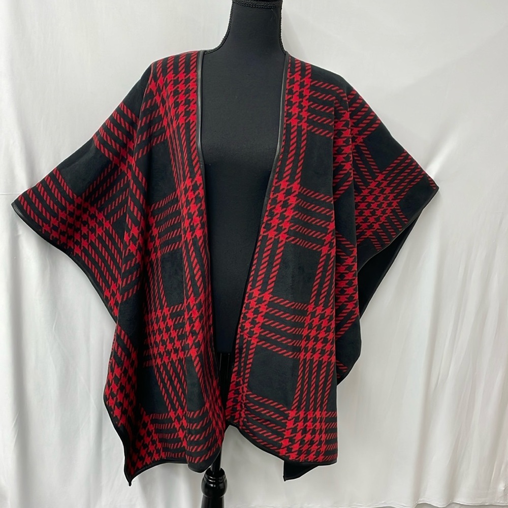 Eivissa red and black print, reversible fleece cape/poncho/shawl, one size